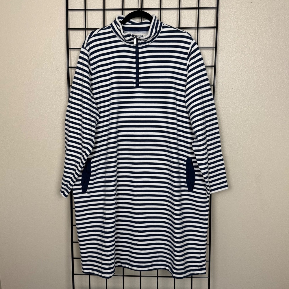 Lands' End Sweatshirt Dress Women 3X Navy White Striped Quarter Zip Pockets